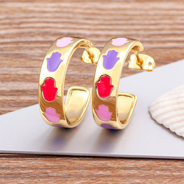 Pendientes de diseño clásico con forma de corazón de palma de aceite y goteo coloridos para mujer