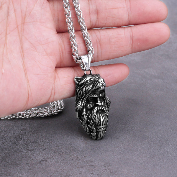 Collar con colgante de acero inoxidable para hombre con cabeza de lobo vikingo y guerrero antiguo