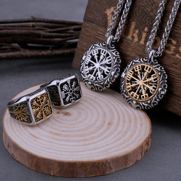 Anillo vikingo de acero inoxidable 316L con yelmo de asombro y árbol de la vida para hombre