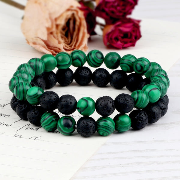 2 pulseras de cuentas de lava de piedra natural para parejas, pulsera de cuentas de hematita de moda para hombres