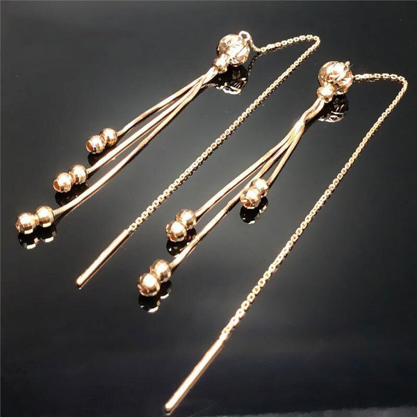 Pendientes largos con borlas y cadena suave de cuentas redondas dobles en oro rosa nuevos