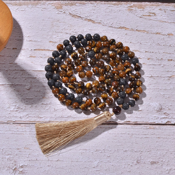 8mm Yellow Tiger Eye Black Lava Stone Beads Knotted 108 Mala Necklace