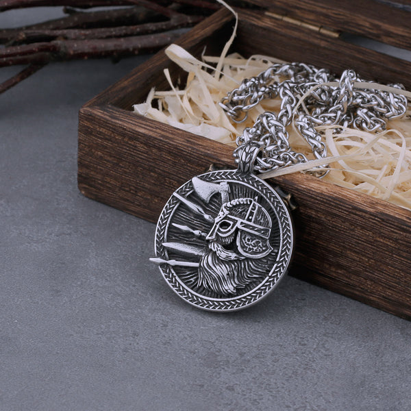 Collar vintage de guerrero vikingo y hacha con árbol de la vida, colgante de acero inoxidable estilo hip hop espartano para hombre.