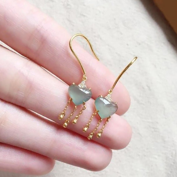 New Design Silver Inlaid Natural White Ice Chalcedony Heart Stud Earrings