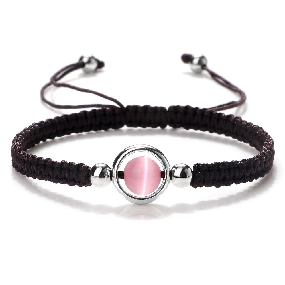 Pink Cat Eye Stone Beads Braided Bracelet For Women Red Thread String Bracelet