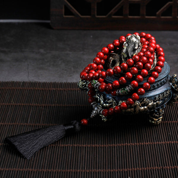 Collar de cuentas de piedra de pino rojo 108 maleta con borla