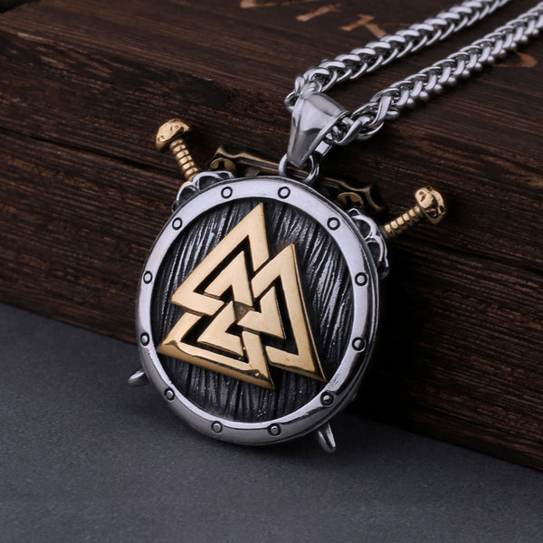 Collar con escudo y espada vikinga de Valknut de acero inoxidable para hombre