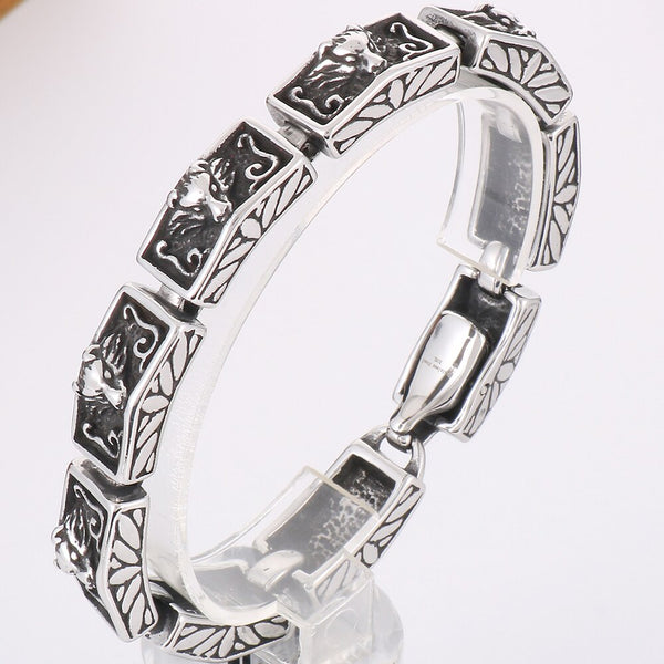 Pulsera vintage vikinga nórdica con cabeza de lobo para hombre