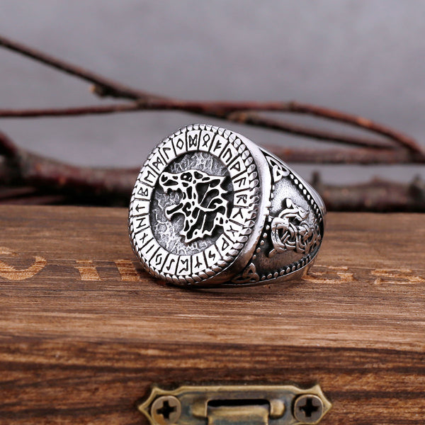 Anillo vikingo de acero inoxidable 316L con cabeza de lobo y runa de Odín