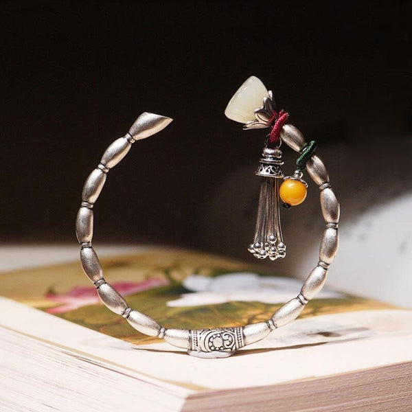 Nueva pulsera original de jade blanco hetiano natural con borla de raíz de loto