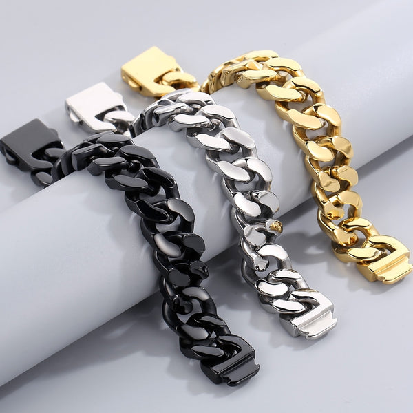 Pulsera clásica de acero inoxidable chapado en oro negro de 20 mm de ancho para hombre con cadena de eslabones.