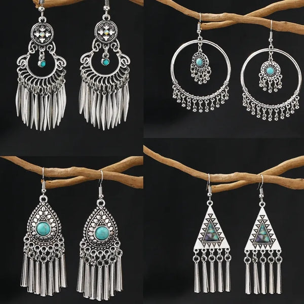Pendientes étnicos vintage de piedra azul para mujer