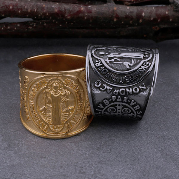 Anillo cristiano de San Benito de acero inoxidable para hombre