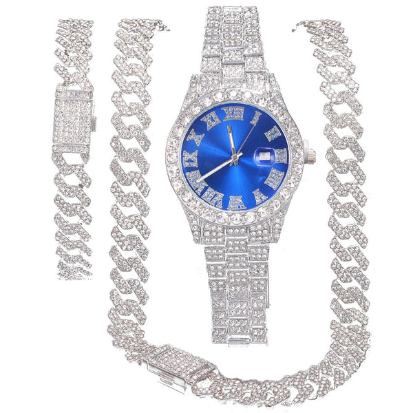 Collar + reloj + pulsera de rapero de circonitas cúbicas de Miami de Hip Hop en color plateado