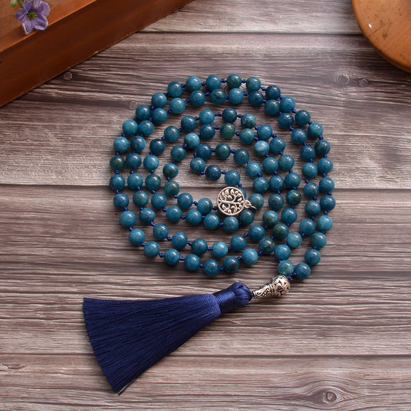 Collar Mala 108 con nudo de cuentas de apatita de 8 mm para meditación, yoga y oración.