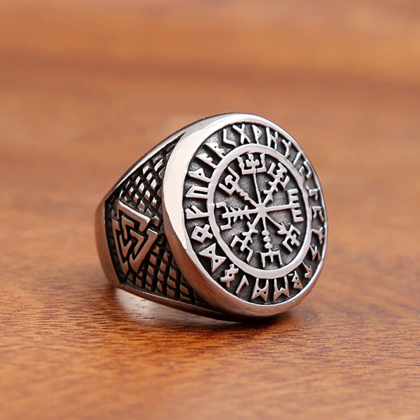 Anillo clásico de brújula vikinga vintage para hombre, de acero inoxidable, estilo nórdico vikingo Valknut.