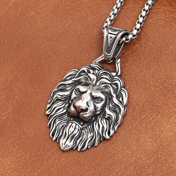 Collar con colgante de cabeza de león estilo punk vintage para hombre