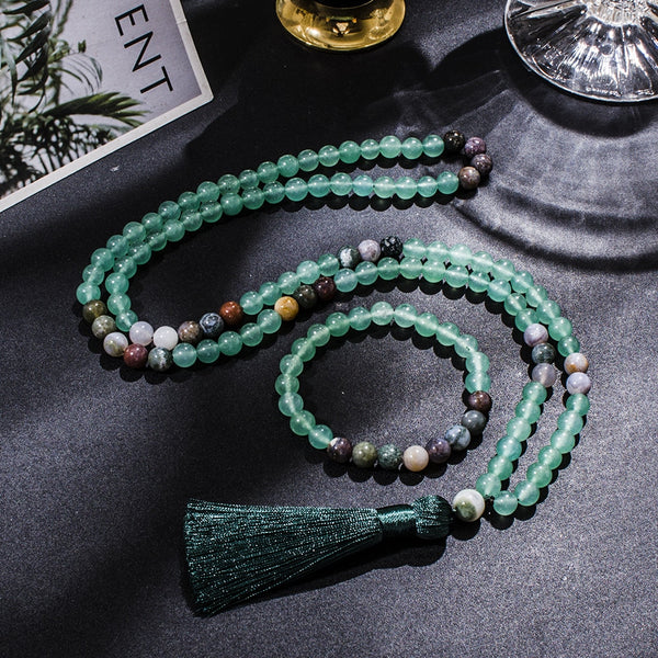 Collar Mala 108 con cuentas de ónix indio y aventurina verde de 8 mm para meditación, yoga y oración.