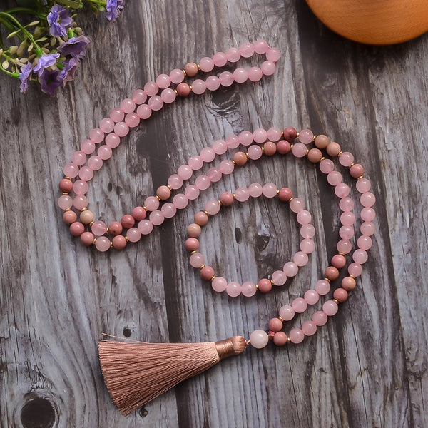 Collar Mala 108 con cuentas de cuarzo rosa rododenita de 8 mm para meditación, yoga y oración, con pulsera.