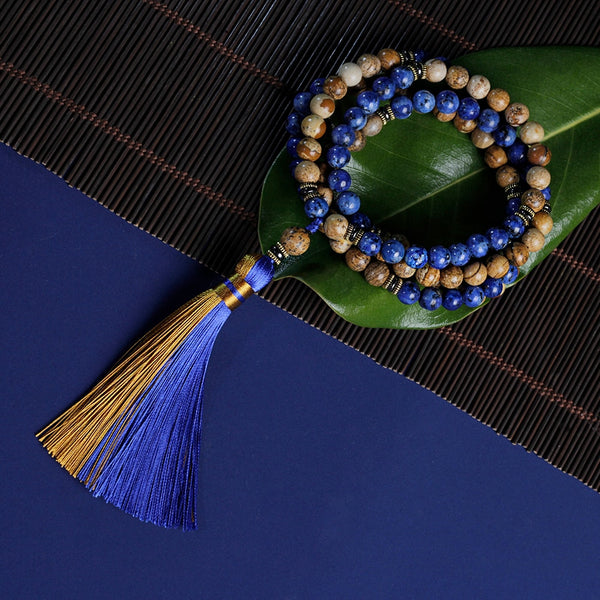 Rosario Mala, collar de piedras de 8 mm, cuentas de lapislázuli azul e imagen
