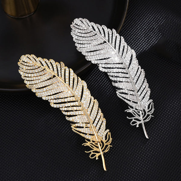 Luxury Copper Micro Inlaid Cubic Zirconia Feather Brooch Women