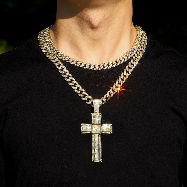 Collar con colgante de cruz helada para hombre, estilo hip hop, cadena cubana de 13 mm