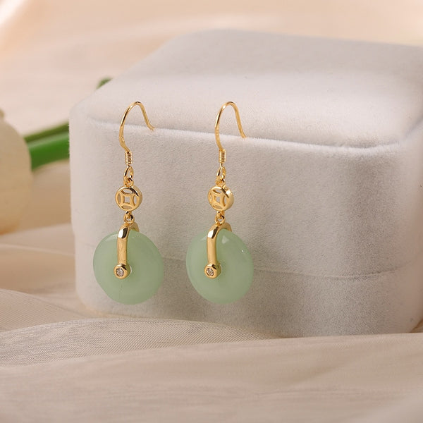 Pendientes vintage redondos de jaspe Hotan natural con diseño artesanal de oro antiguo clásico