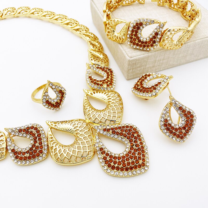 Dubai Gold Color Jewelry Set Women’s Necklace Earrings Charm Bracelet