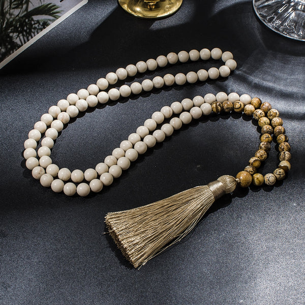 Collar Mala 108 con cuentas de jaspe fosilizado blanco de 8 mm