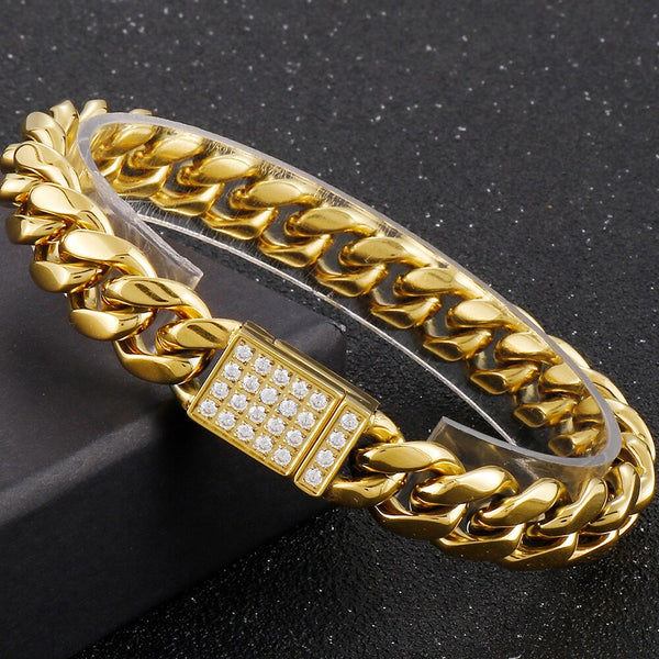 Pulsera de hip hop CNC con circonitas AAAA para hombre, chapada en oro, de acero inoxidable de 12 mm, cadena cubana.