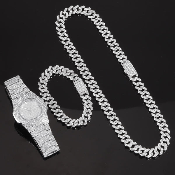Hip Hop Men Women Watches Iced Out Necklace+Watch+Bracelet Set