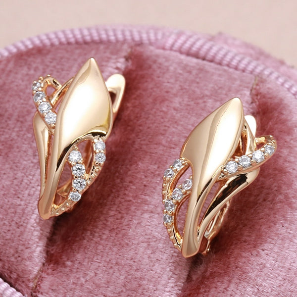 Nuevos pendientes vintage de circonita curva en oro rosa 585 para mujer