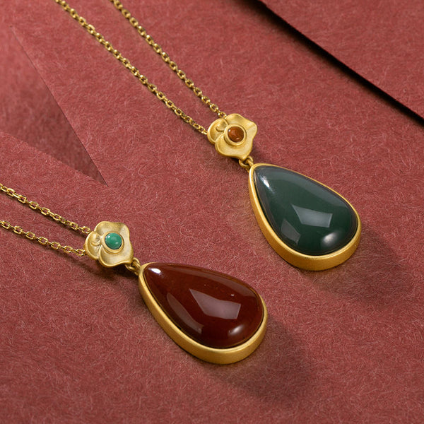 Nuevo collar con colgante en forma de gota de piedra de ágata de porcelana esmaltada con incrustaciones de plata