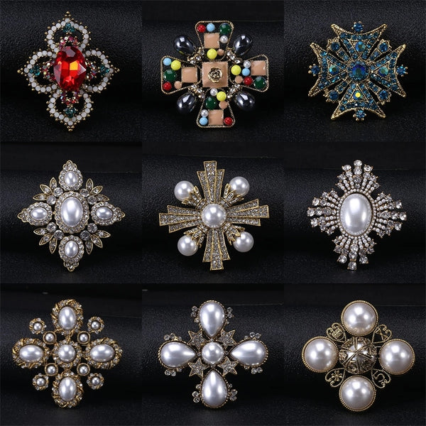 Classic Fashion Enamel Baroque Cross Pearl Brooches Pins Women Men