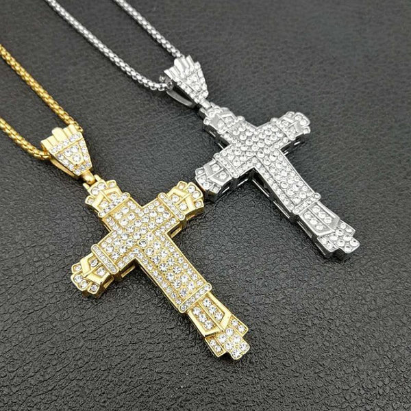 Full Rhinestone Fashion Personality Men Necklace Gold-Plated Dot Diamond Religious Cross Pendant