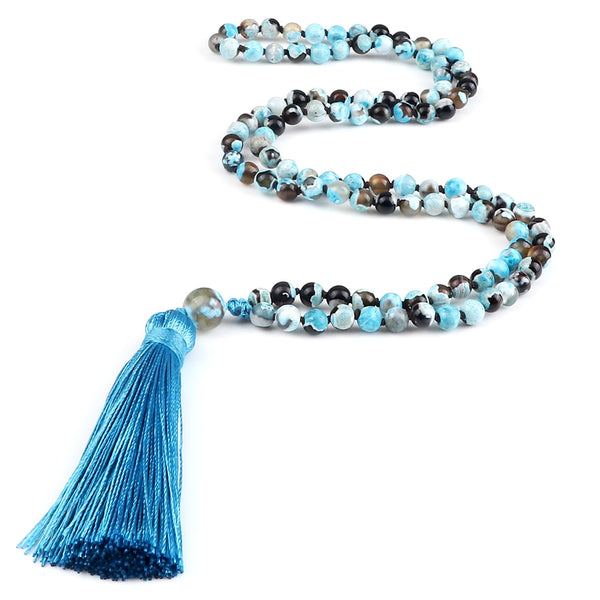 Collar de japamala con cuentas de ágata de fuego azul natural para mujer, collar con borlas de cuentas de mala 108 para hombre.