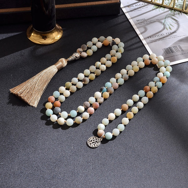 Collar Mala 108 anudado con cuentas de amazonita mate natural de 8 mm