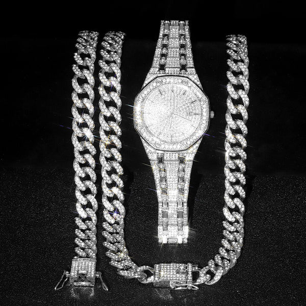 Collar + Reloj + Pulsera para Hombre con Cadena de Eslabones Cubanos Miami