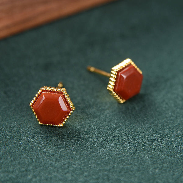 Silver inlaid natural southern red hexagon earrings