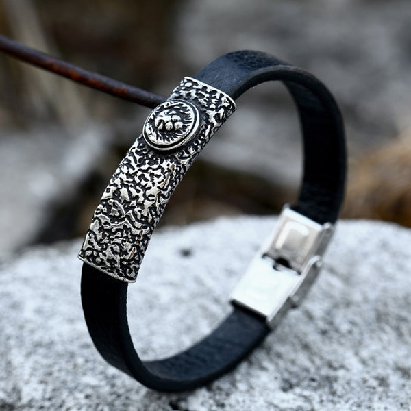 Pulsera de cuero con cabeza de león vikinga vintage de moda para hombres y mujeres