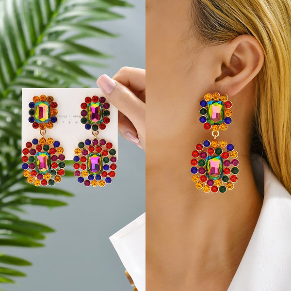 Pendientes colgantes grandes con forma de lágrima de cristal colorido bohemio para mujer