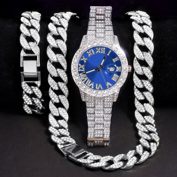 Collar de cadena de eslabones cubanos de 16 mm con garras de Hip Hop para hombres y mujeres, reloj brillante con acabado helado