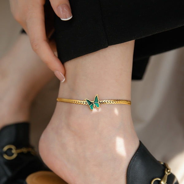 Tobillera de cadena gruesa con dije de mariposa verde soldada, joyería de moda premium para mujer
