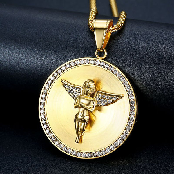 Collar con colgante redondo de ángel dorado de lujo de titanio y acero inoxidable Megin D, cadenas de hip hop