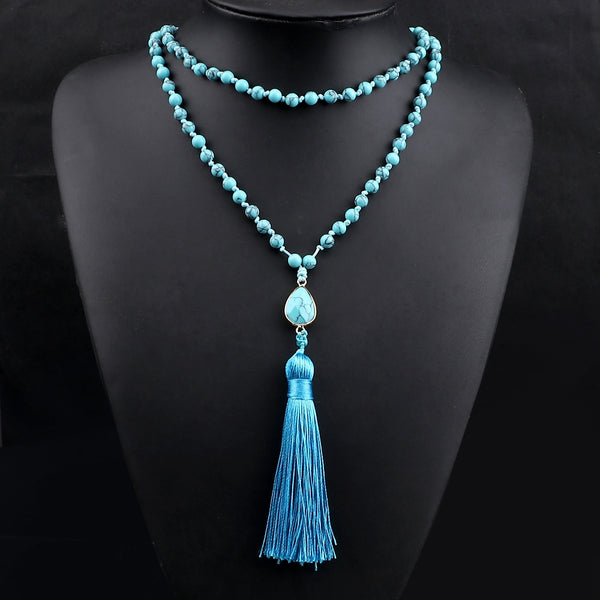 Collar largo de 108 cuentas de mala de pino azul natural, colgante de piedra natural de 6 mm para mujer