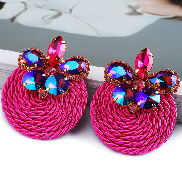 Pendientes colgantes grandes redondos de cristal colorido de tejido de algodón de estilo étnico para mujer