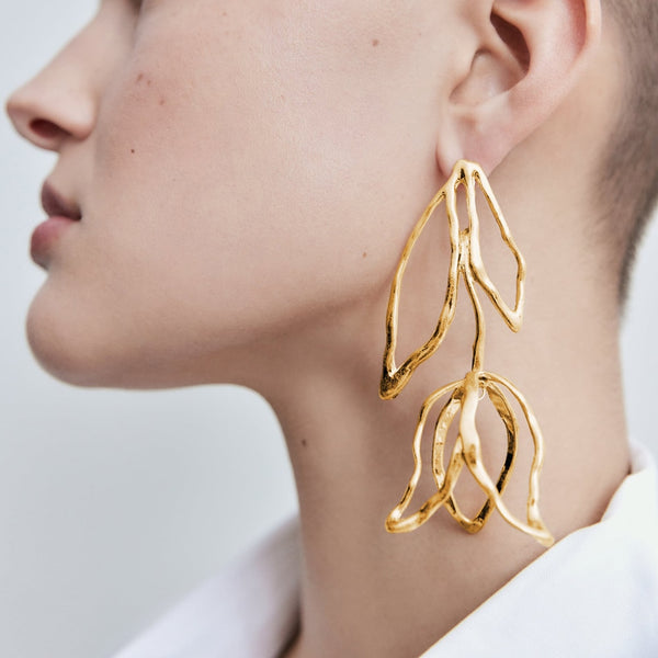 Pendientes largos de metal con diseño moderno y lujoso de flores geométricas para mujer