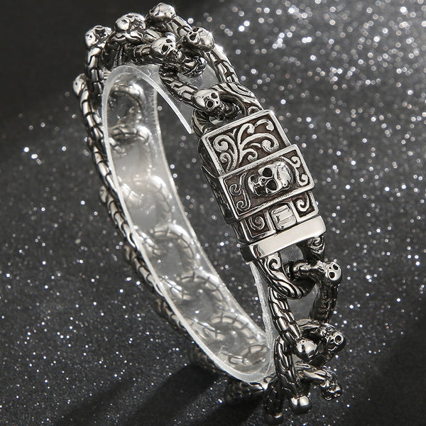 Pulseras de calavera gótica para hombre, pulsera de cadena con eslabones y cabeza de esqueleto punk.
