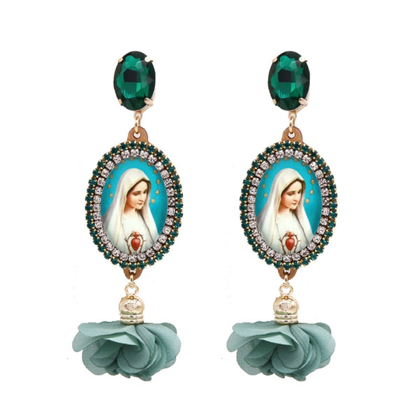 Pendientes de flores bohemias para mujer, pendientes de la Virgen María, pendientes de ángel con diamantes de imitación.