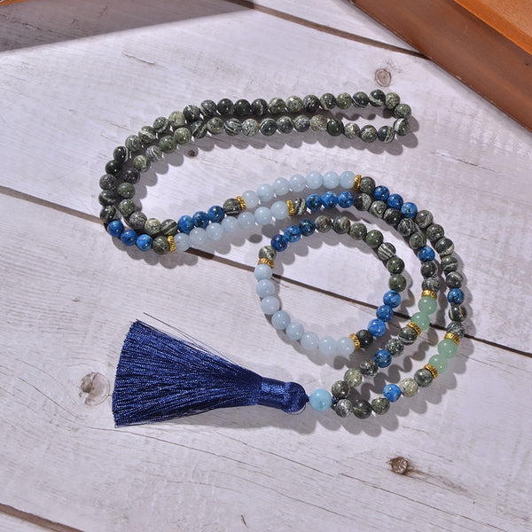 Collar Mala 108 con cuentas de aguamarina y piedra cebra verde de 8 mm
